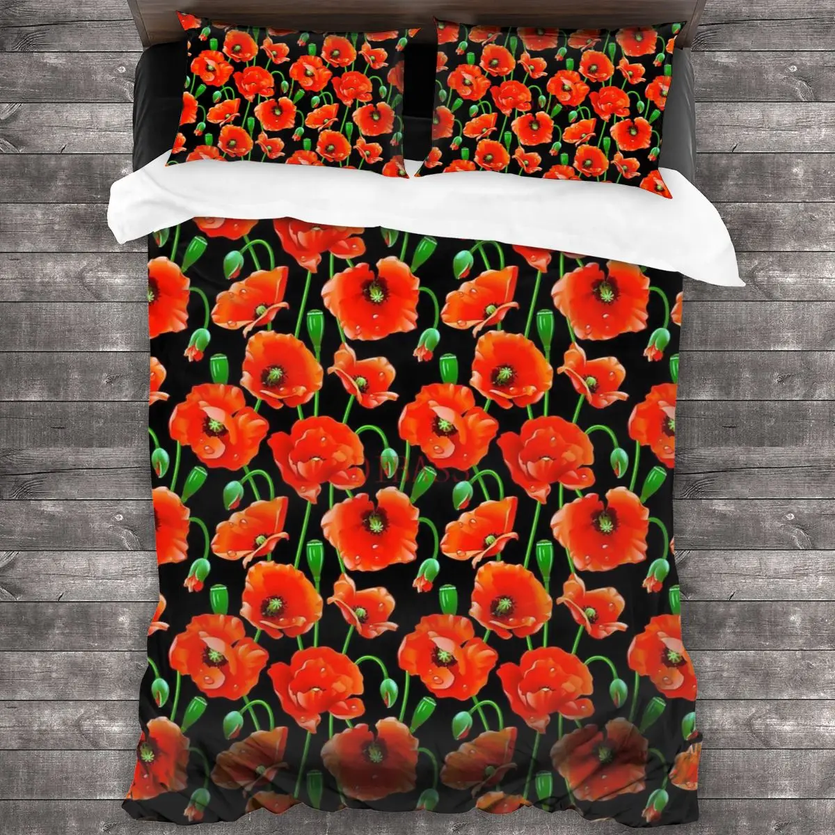 

Red Poppies On Black Soft Microfiber Comforter Set with 2 Pillowcase, Quilt Cover With Zipper Closure King Size Comforter Cover