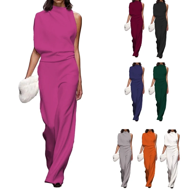 

F42F Womens Casual Sleeveless One Shoulder Jumpsuits Summer Flared Trousers Rompers