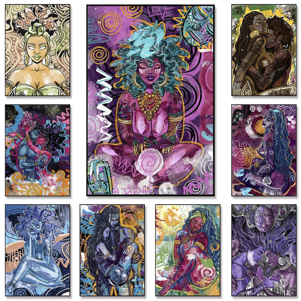 

Abstract Graffiti African American Couple Art Prints Cartoon Wall Decor Giclee Colorful Lover Woman Canvas Poster Painting