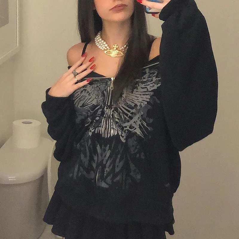 

Harajuku Dark Print Female Hooded Sweatshirt Zipper Print Long Sleeve Loose Print Women Hoodies Coats Gothic Punk Women