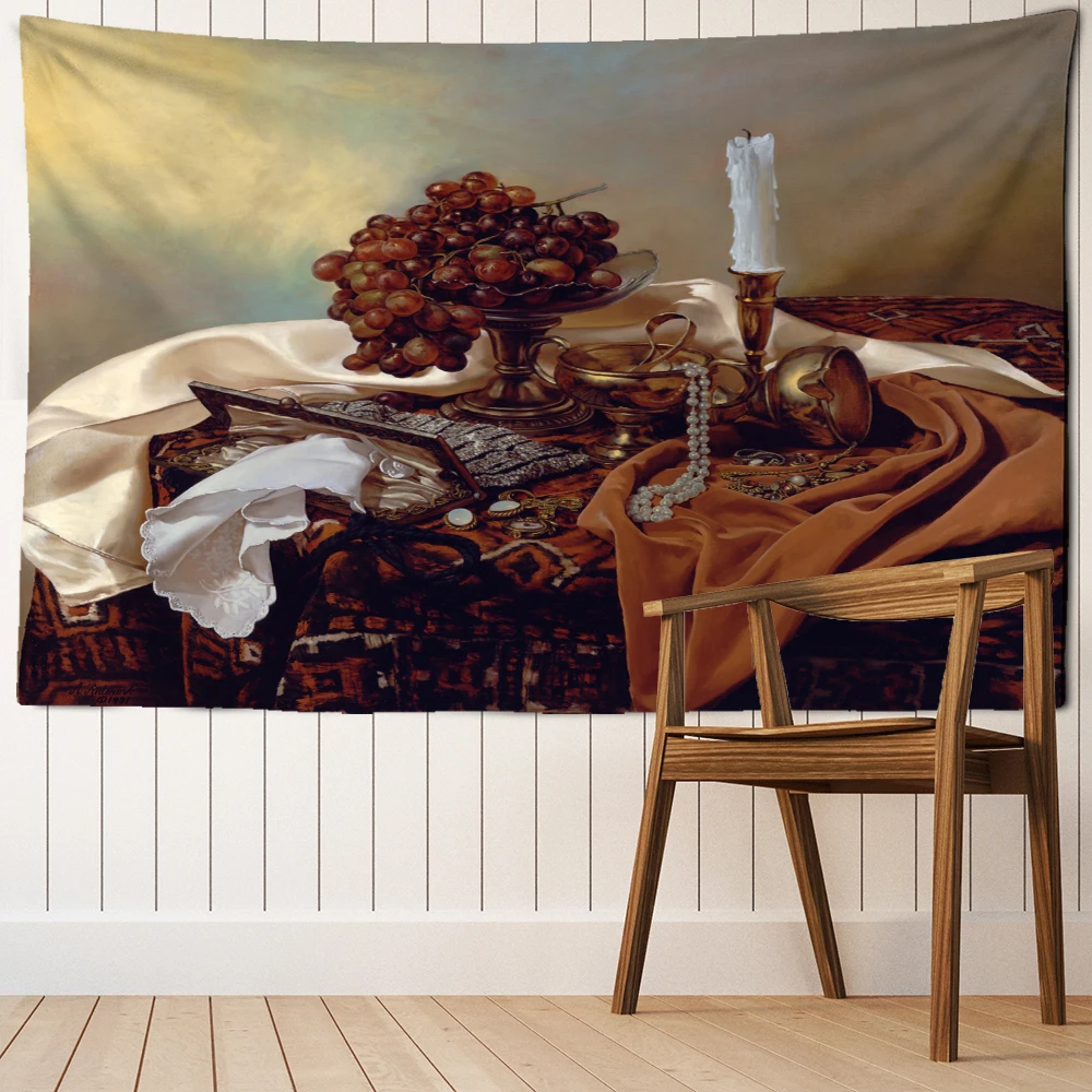 

Boho style aesthetic room art background fabric decoration grape gold utensil realistic oil painting tapestry wall hanging tapiz