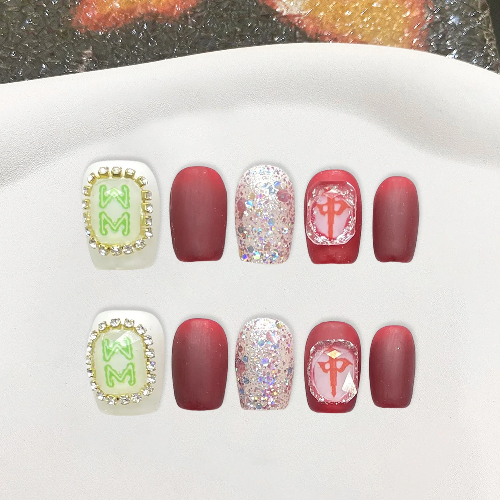 Красные накладные ногти ручной работы в китайском стиле маджонг полное покрытие