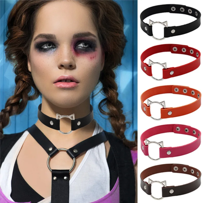 

Japanese Korean cat head collar Harajuku punk soft girl PU leather neckband girl sweet cool collarbone chain cosplay accessories