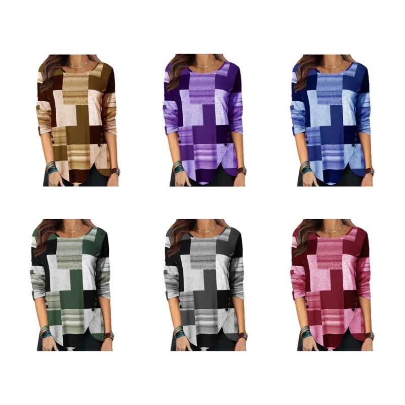 

F42F Women Autumn Casual Long Sleeve Blouse T-Shirts Crew Neck Colorblock Plaid Split Hem Button Side Pullover Tunic Top