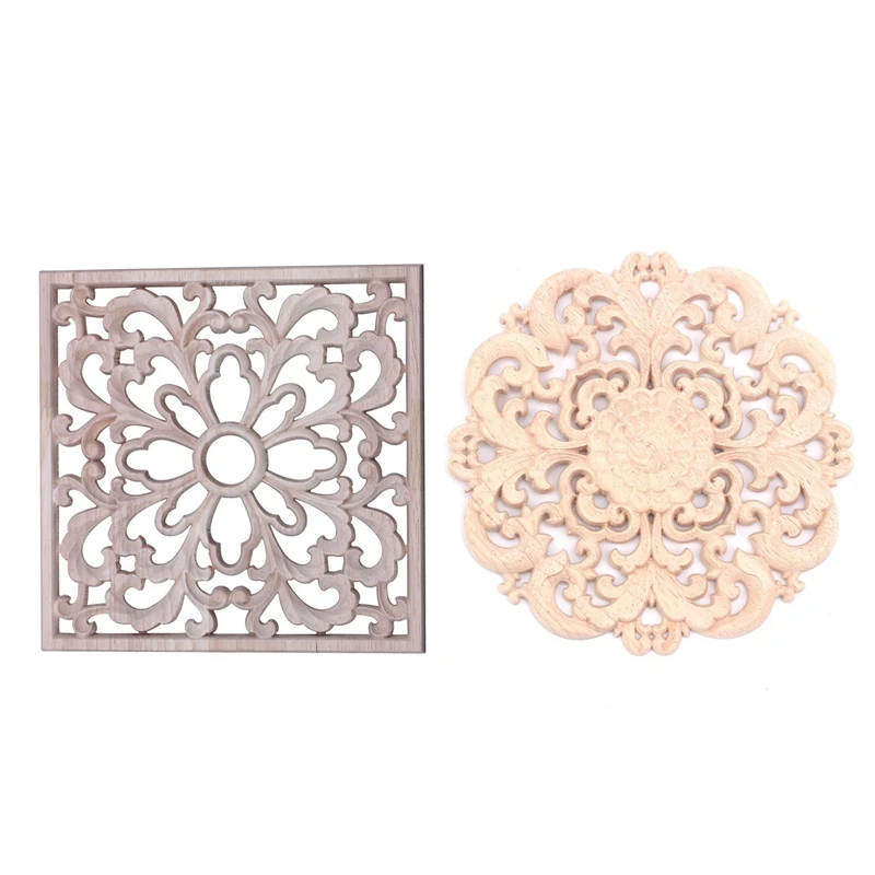 

2 Pcs Rubber Wood Carved Floral Decal Craft Onlay Applique Furniture DIY Decor Wood Color, B & F