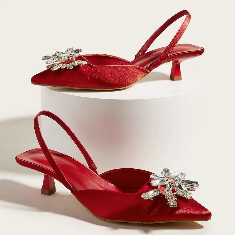 

Женские туфли с острым носком, открытые туфли розового цвета с бриллиантами, туфли на низком каблуке с ремешками сзади, новинка 2022