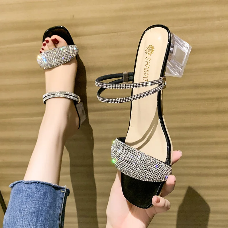 

Женские босоножки стразы, черные туфли с квадратным носком, на высоком каблуке, бежевые, с эластичным ремешком, лето 2022