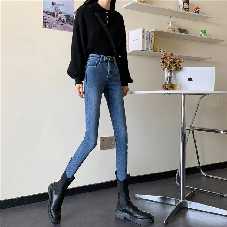 

DD2844 The new high-waisted, slim-fit, straight-leg stretch pencil pants jeans