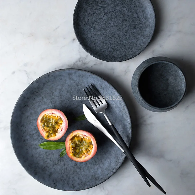 Round Dinner Plate Home Use Ceramic Dish Grey Marble Color Solid Plate