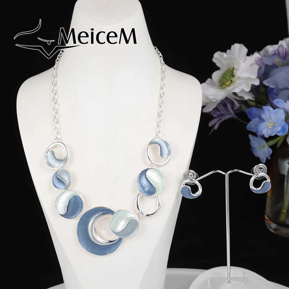 

MeiceM Necklace Set Women's Trendy Round Choker Chain Statement Necklaces Silver Color Earrings Jewelry Sets for Wedding Gifts