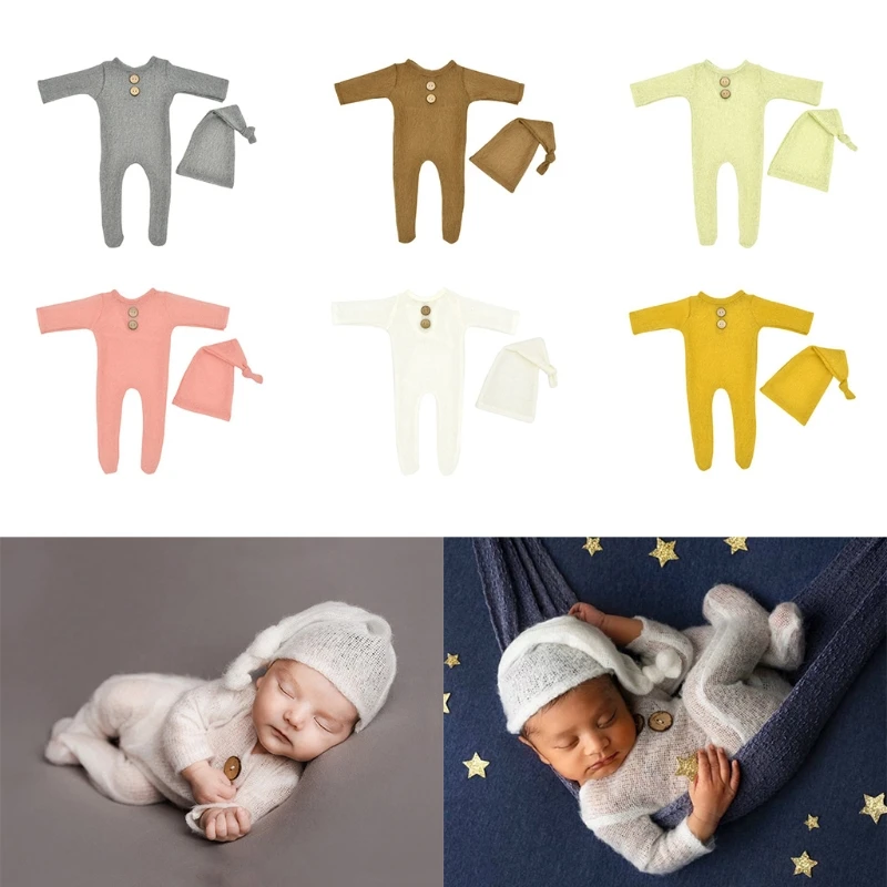 

Mohair Baby Romper Hat Set Newborn Photography Props Knitted Wool Bodysuit Long Tail Cap Kit Infants Photo Shooting Clothes