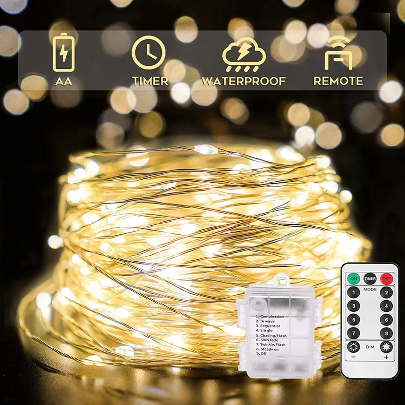 

LED String Lights Remote Control Copper Wire Battery Powered 8Mode Outdoor Fairy Garland Christmas New Year Decoration Festoon