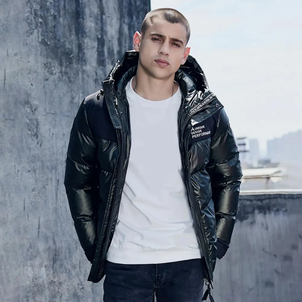 Men Jacket Patchwork Hooded Windproof Plus Size Cotton Padded Windbreaker for Daily Wear