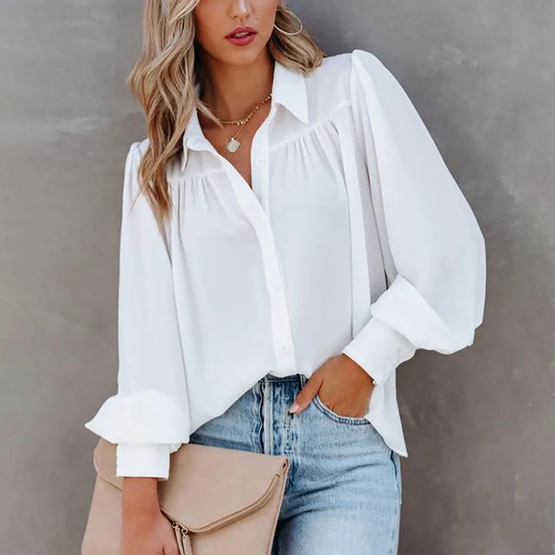

Office Casual White Women's Shirt Lantern Sleeve Loose 2022 Button Turn-Down Collar Women Blouses and Shirts Pleated Tops 22383