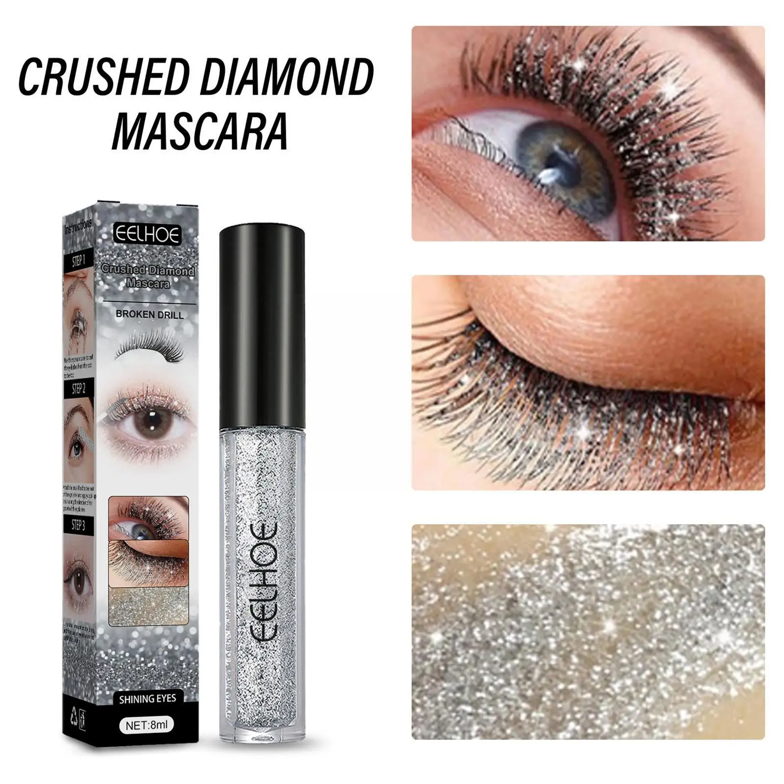 Diamond Glitter Mascara Long Lasting Curl Thick Extension Waterproof Drying Mascara Makeup Shiny Quick Lash Shimmer Mascara U2P0