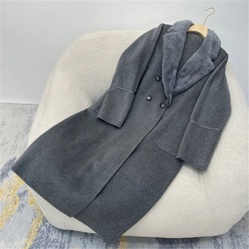 High End Double-Faced Cashmere Coat For Women 2024 Autumn and Winter Loose Mink Fur Collar Over-Knee Long Wool Outerwear