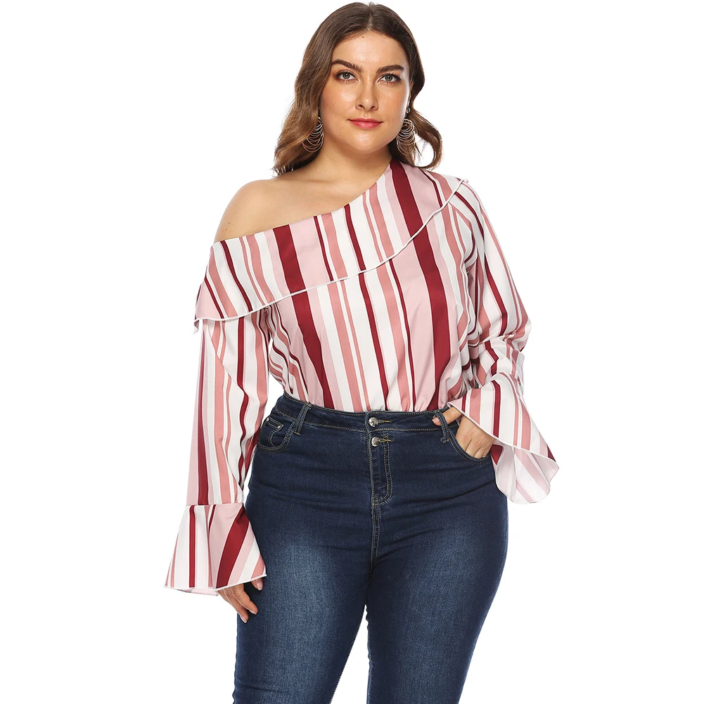 Plus Size Women Striped Blouse Off Shoulder Tops Long Trumpet Sleeve Irregular Stripe Diagonal Collar Shirt Tee L-4XL