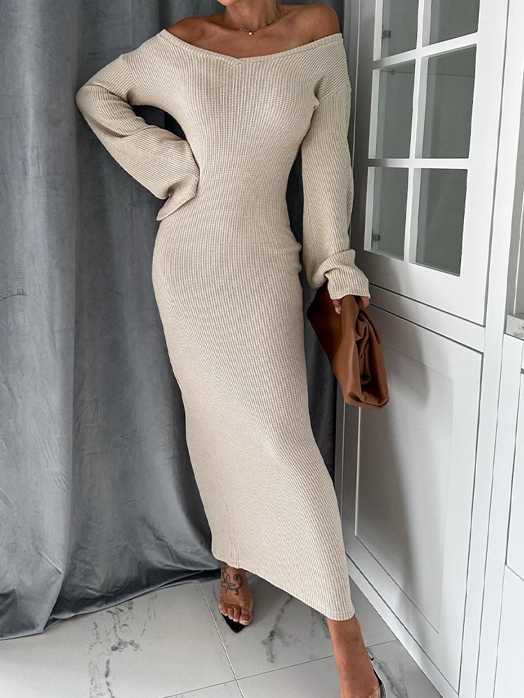 

Autumn Winter Knitted Dress Women Sexy Off Shoulder Flare Sleeve Long Dresses Female Elegant Temperament Slim Hip Wrap Dress
