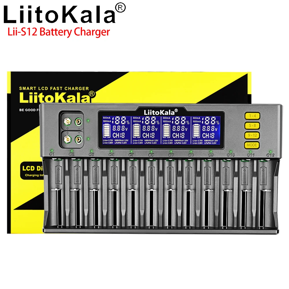 

LiitoKala Lii-S12 21700 9V Battery Charger LCD Display 12 Trough For 1.2V 3.8V 3.2V 3.7V IMR NiMH/Cd 18650 26650 26700 AA AAA