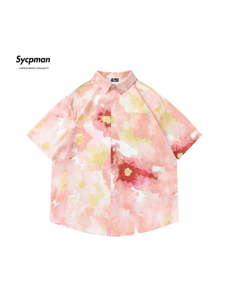 

Рубашка Sycpman в американском стиле, окрашенная в стиле хип-хоп, с коротким рукавом, свободная повседневная Летняя сорочка для пар