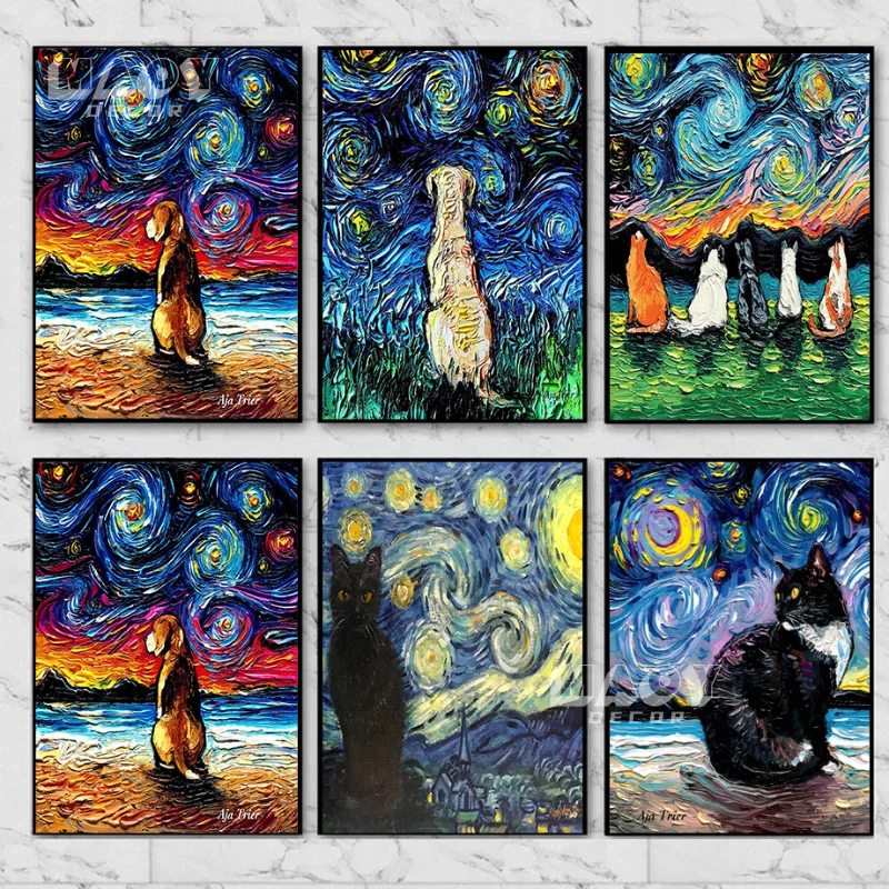 

Абстрактная живопись маслом животное Картина на холсте собаки и Ван Гога Звездное небо Смешные постеры и принты для гостиной домашний декор