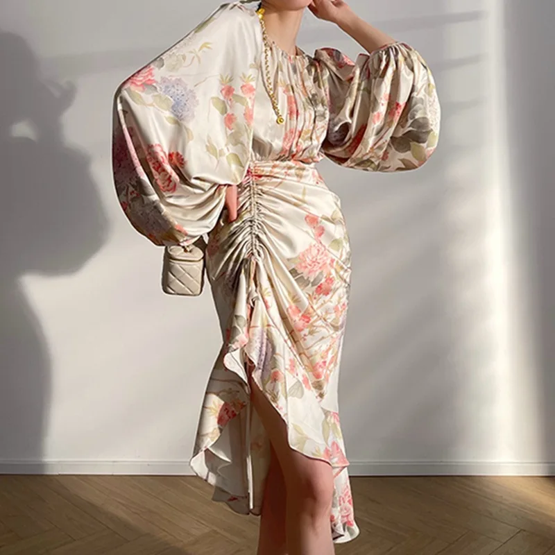 

Женское винтажное платье-русалка, элегантное платье миди с цветочным принтом, оборками и рукавами-фонариками, лето 2022