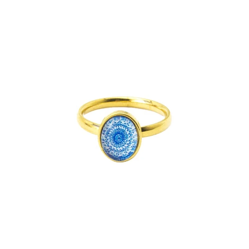 

Custom Blue And White Porcelain Watercolor Painting Finger Ring For Women Stainless Steel Jewelry Anillos Men Gothic Accessories