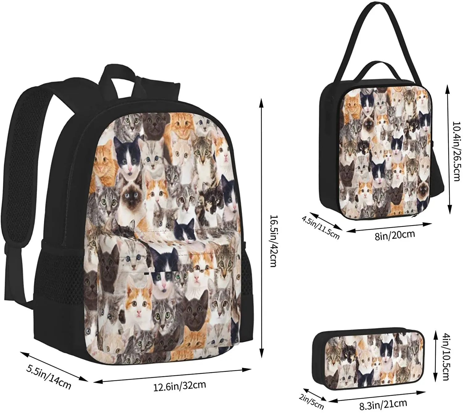 Kids School Backpack Cats Schoolbag Travel Bag Casual Daypack Lunch Bag Pencil Case for Boys Teens Girls 3pcs Sets