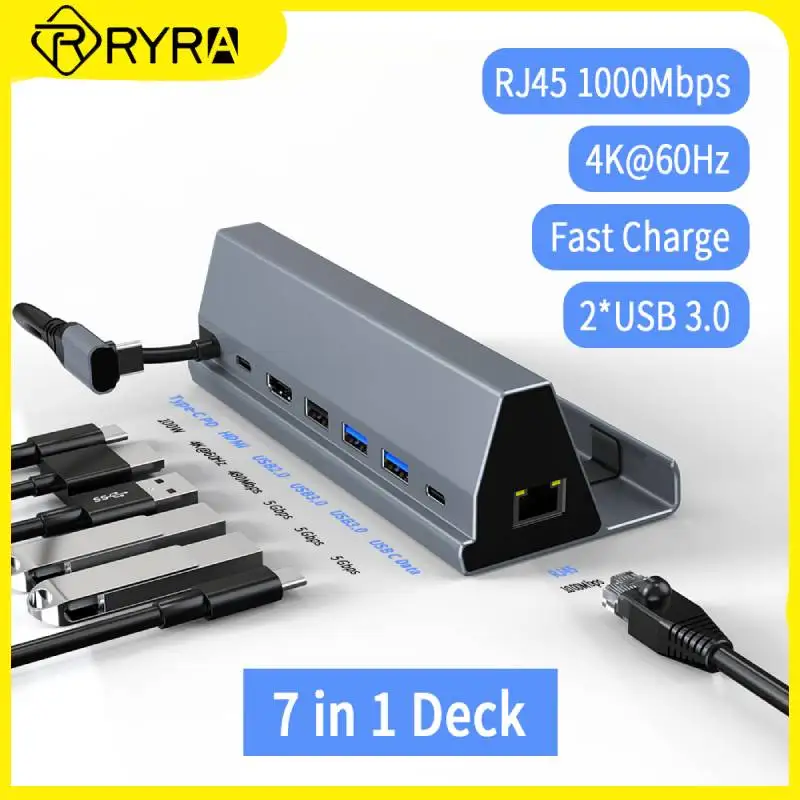 

RYRA 7 Ports 4k 60hz Expansion Dock USB2.0 Hub With Switch PC Laptop Smart Phone Stand 100W Docking Stations Support 5Gbps RJ45