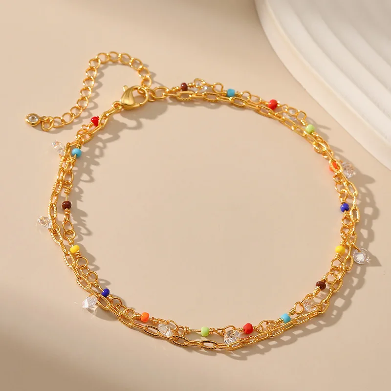 

Bohemian Colored Rice Beads Multi Layer 18k Gold Plated Chain Ethnic Style Anklet for Women Geometric Crystal Pendant Anklets