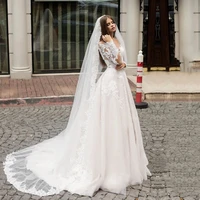 elegant wedding dress white o neck floor length lace button illusion a line wedding party de fiesta robe de soiree