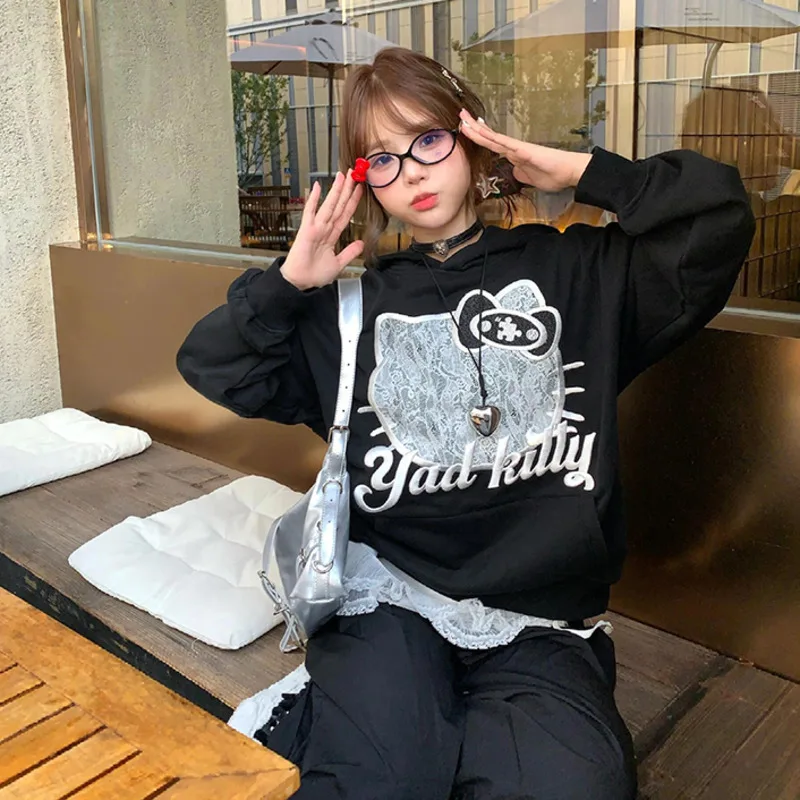 Miniso Lace Hellokitty Y2k Черная толстовка с капюшоном для девочек Аниме вышивкой KT