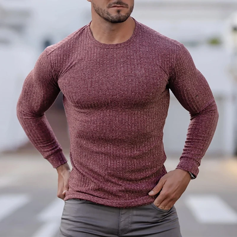 

Spring Autumn Knitted Sports Long-sleeved Men's Slim Fit Round Neck Running T-shirt Men Casual Gym Training Bodybuilding Tops