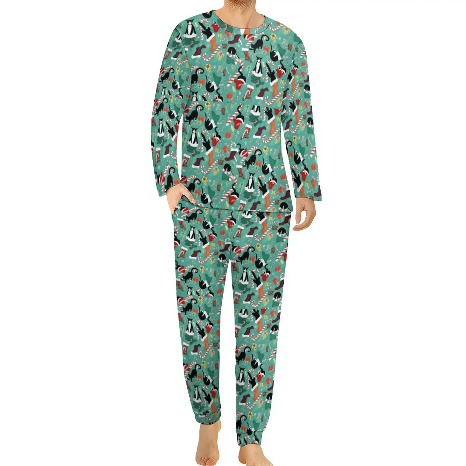 Funny Cat Print Pajamas Long Sleeves Christmas Stockings 2 Piece Casual Pajama Sets Autumn Man Design Lovely Big Size Nightwear