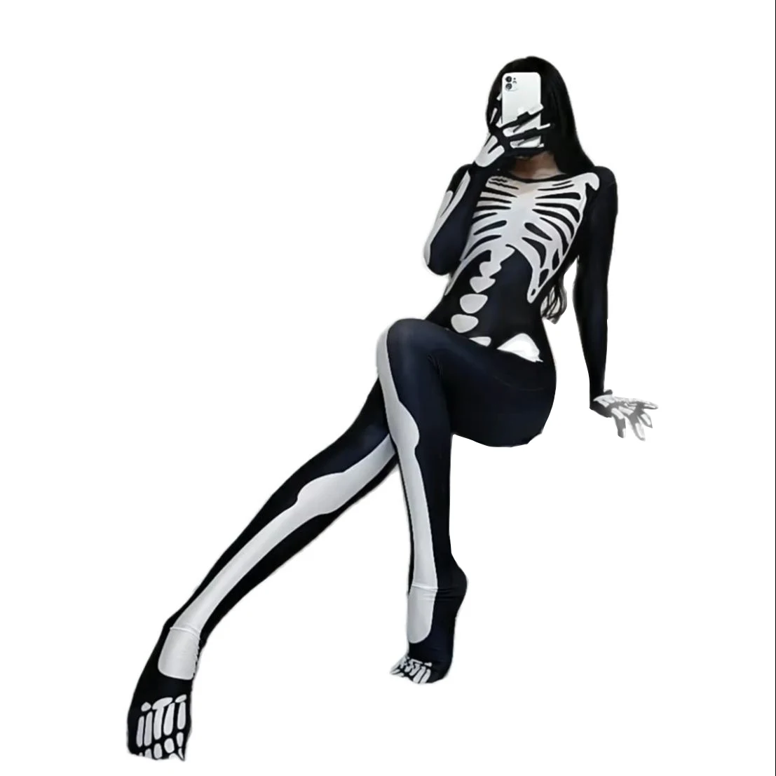 

Униформа на Хэллоуин, боди со скелетом, эротический женский комбинезон на Хэллоуин, сетчатый нейлоновый комбинезон с открытой промежностью
