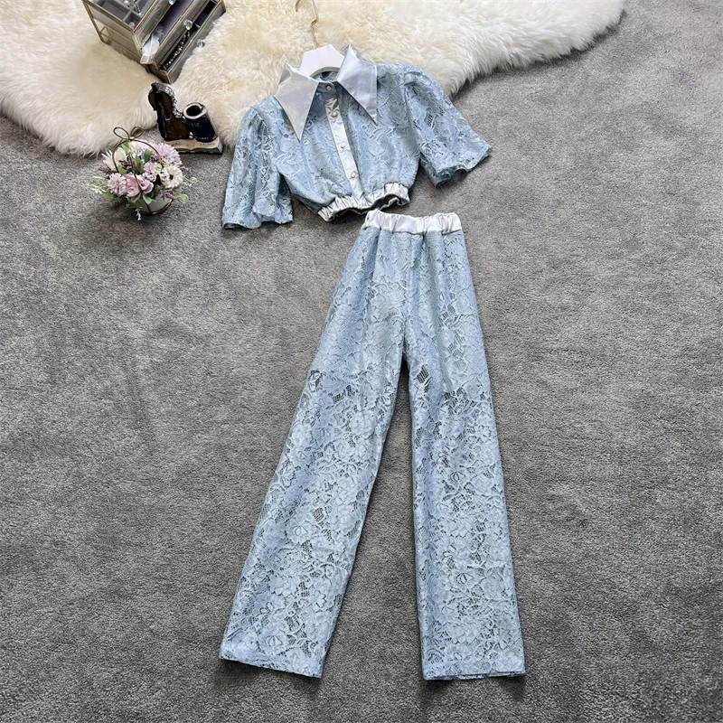 

Hook Flower Hollow Suits Office Ladies Sexy Elegant Three Quarter Work Coat and Capris Wide Leg Pants Two Piece Sets