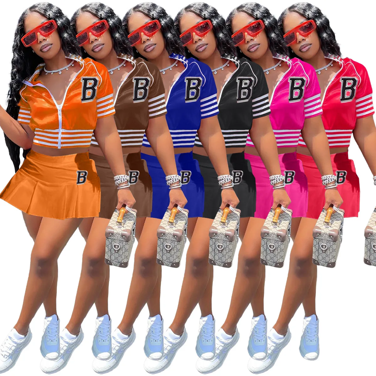 

Summer Sports Style 2 Piece Set Women Fashion Street Letter Printing Zipper Baseball Uniform Pleated Skirt Two Piece Suit Women