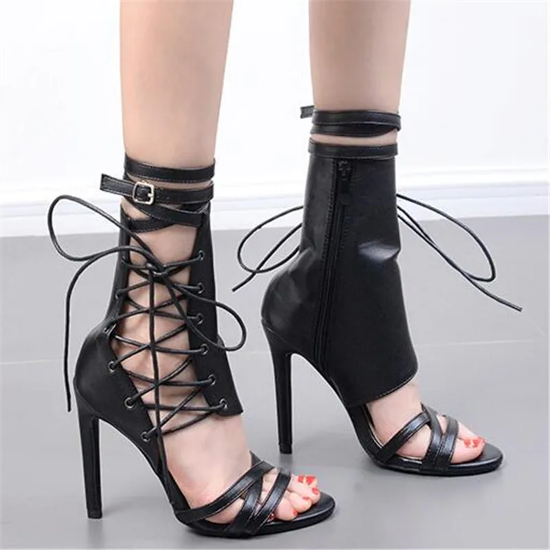 

New Peep Toe Sandals Women High Heels Strap Buckle Nude Boots Female Roman Fashion Sexy Lace Up Shoes Size 35-42 Black Apricot