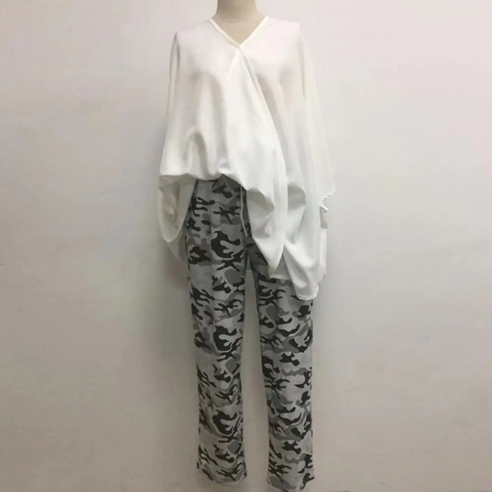 

Relaxed Fit Summer Temperament Batwing Sleeves Top Camo Trousers for Daily Wear