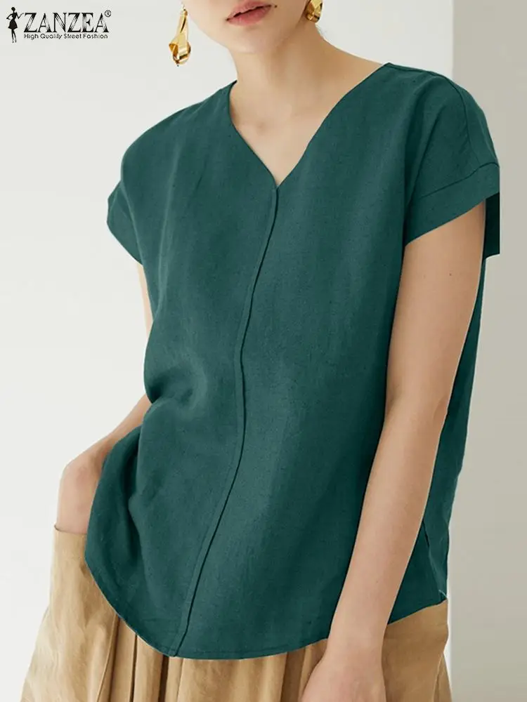 

Женская блузка с V-образным вырезом и коротким рукавом ZANZEA, модная летняя элегантная однотонная Свободная рубашка, женская блузка, рубашка, повседневные офисные Топы
