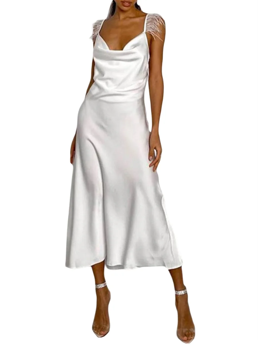 

Женское длинное платье на бретельках, белое платье без рукавов с открытой спиной и перьями на лето