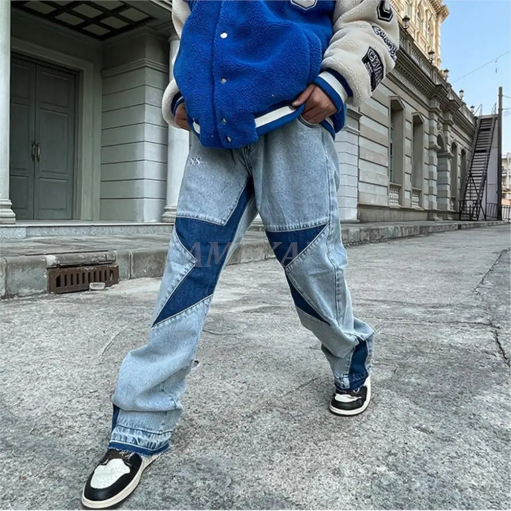 2023 Harajuku Stars Letter Embroidery Patchwork Straight Flare Jeans Pants Mens Retro Ripped Oversized Casual Denim Trousers