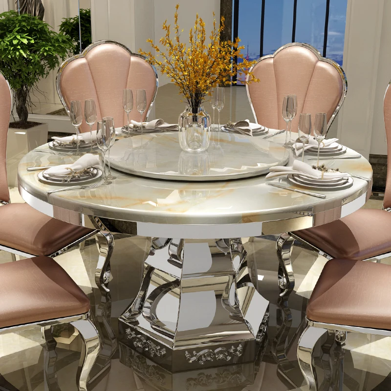 

European marble dining tables and chairs combined round table stainless steel standard luxury dining table