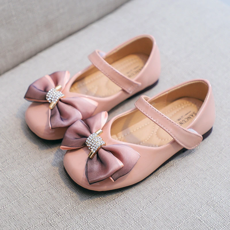 

New Children Leather Shoes Girls Princess Performance Dress Baby Toddler Flats Rhinestone Bow Soft Bottom Kids Casual 02C