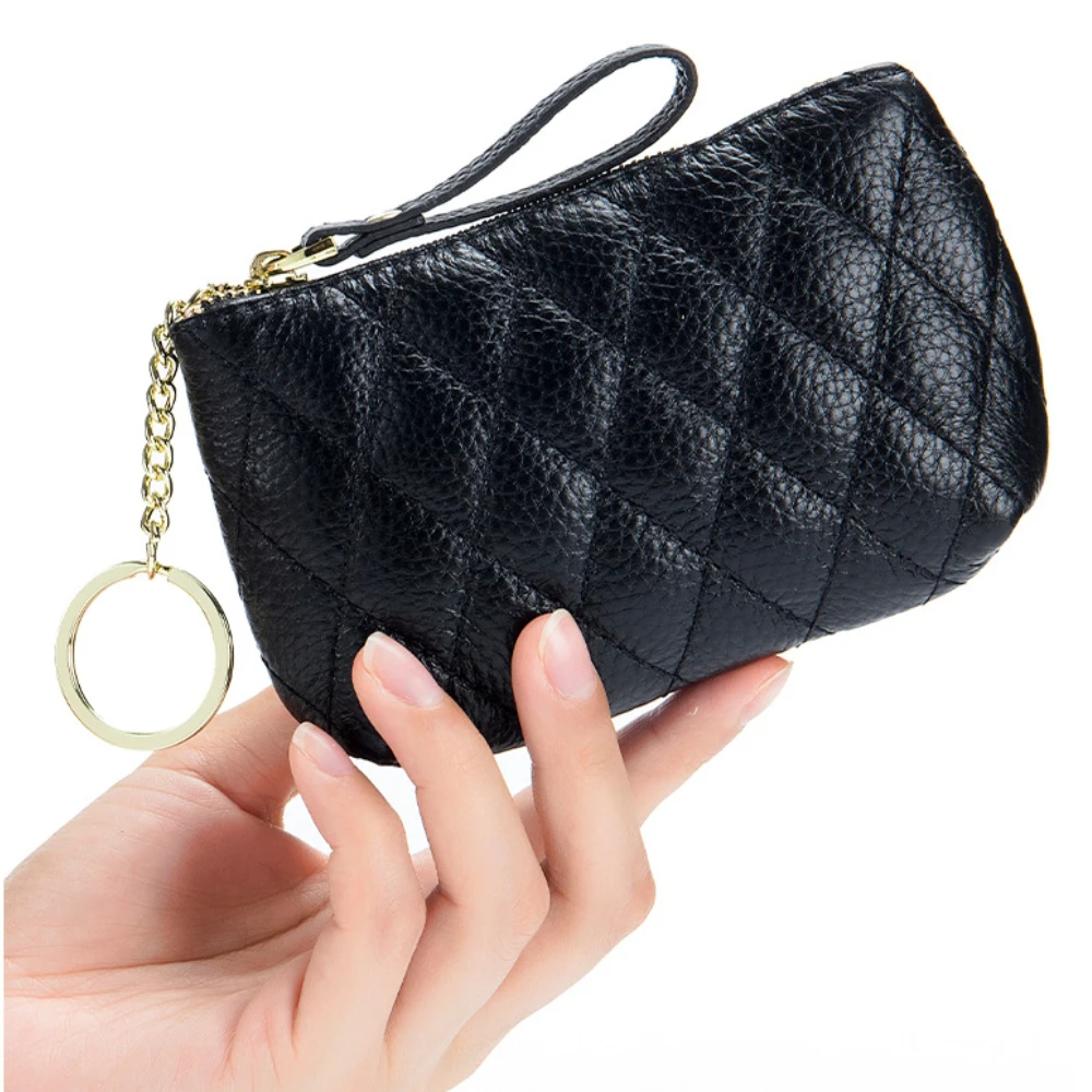 Genuine Leather Coin Purse Rhombus Embroidered Cowhide Mini Minimalist Zipper Bag Key Bag
