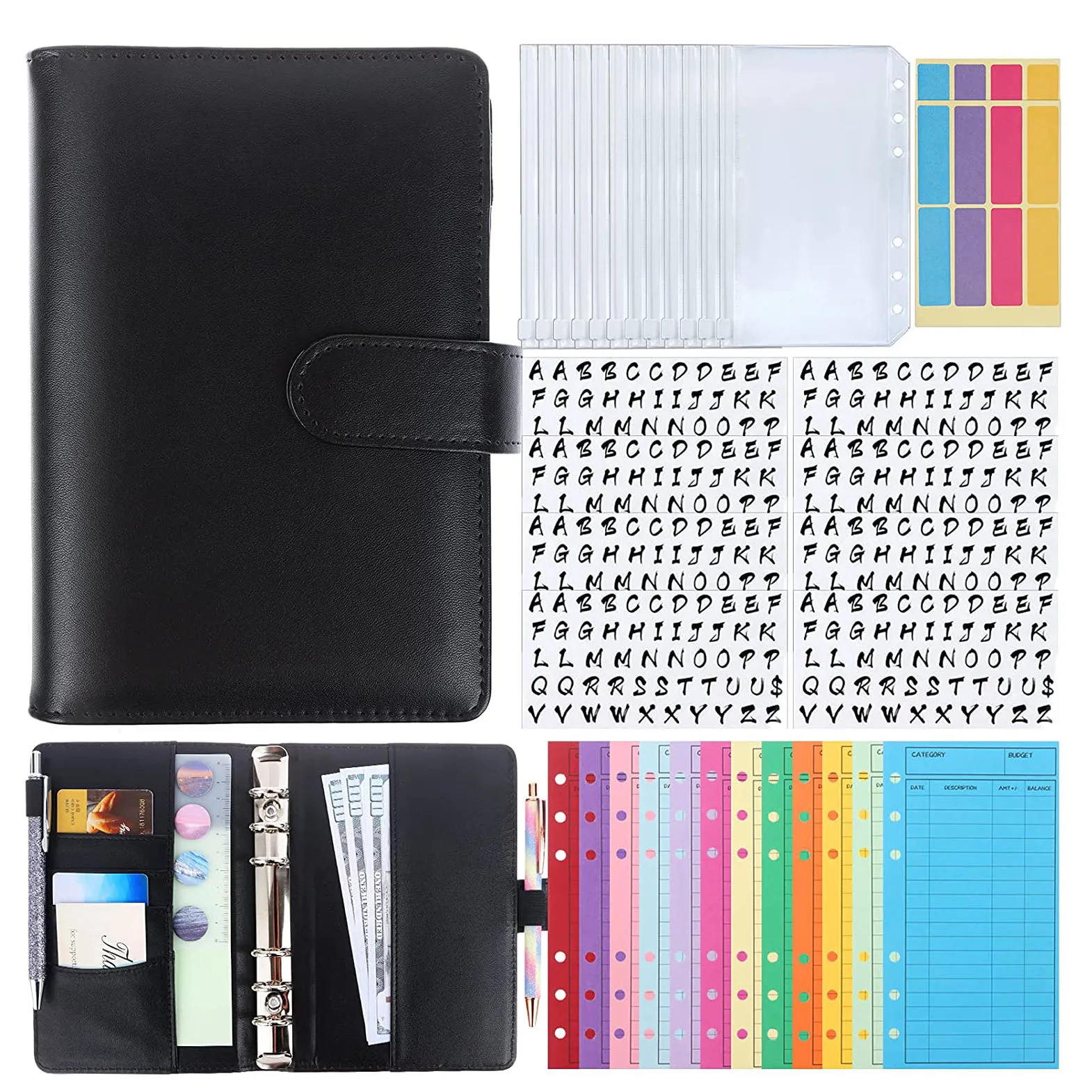 

A6 Binder Budget Cash Envelope System Organizer,12 Patterns Budget Envelopes,Storage Bag, Alphabet Stickers, for Money Planner