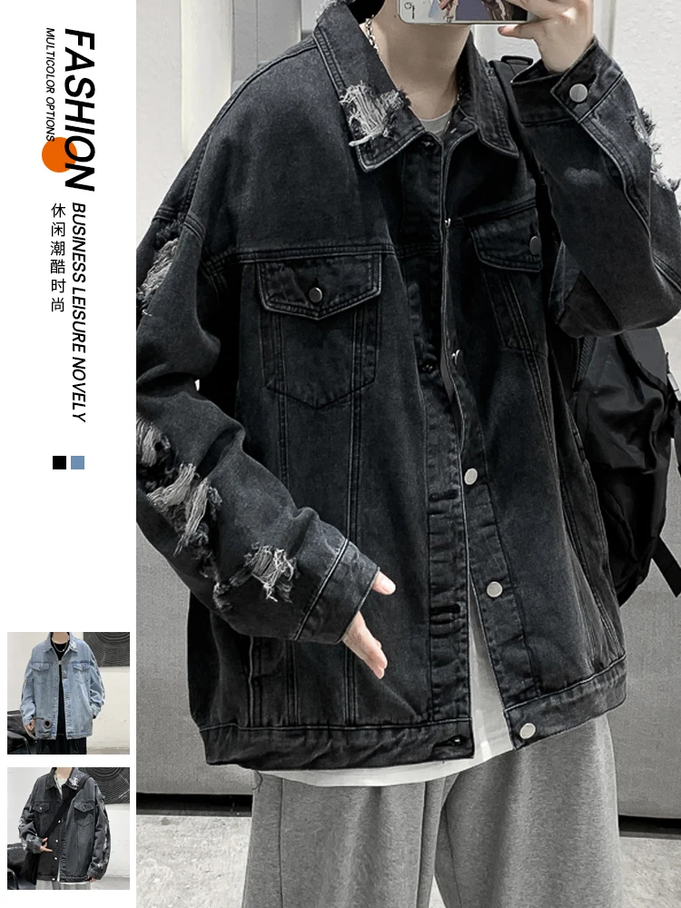 

Fashion Men Ripped Holes Loose Denim Jacket Black Blue Long Sleeve Coat N1