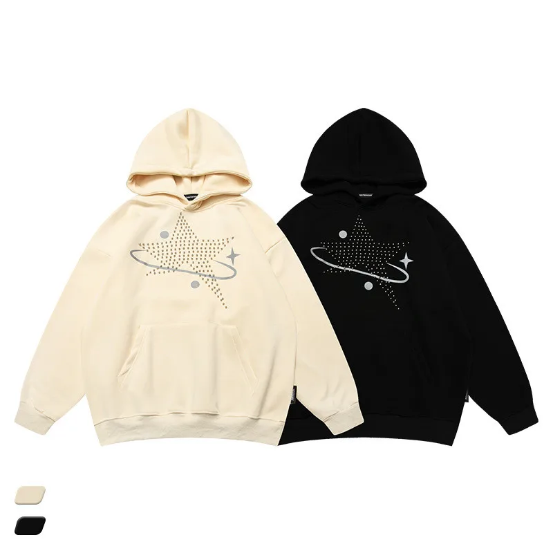 

Vayrich Star Studded Bead Pullover Hoodie Sweatshirts Streetwear Unisex College Casual Outerwear Couple Embroidery Knitwear Coat