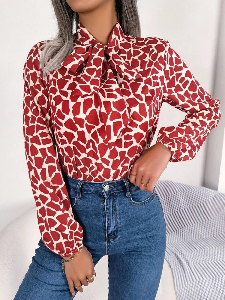 

Autumn Print Women Blouses And Tops Fahsion Bow Collar Long Sleeve Elegant Offcie Work Lady Shirts Plus Size Casual Chiffon Tops