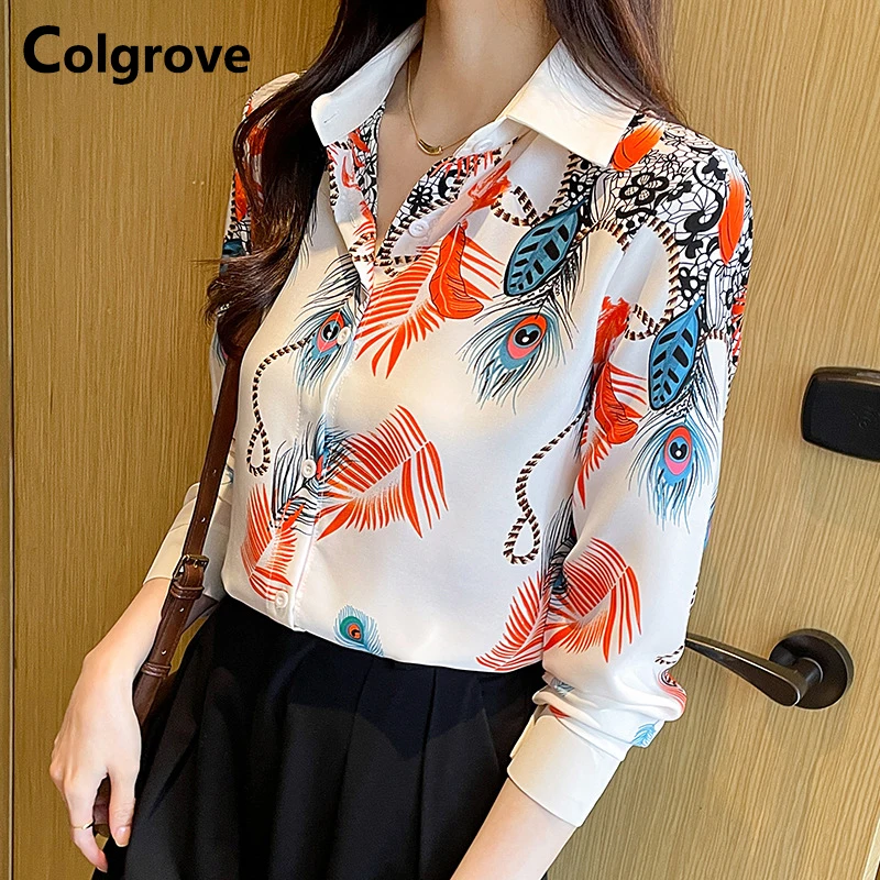 

Женская шифоновая рубашка с отложным воротником, длинным рукавом и принтом